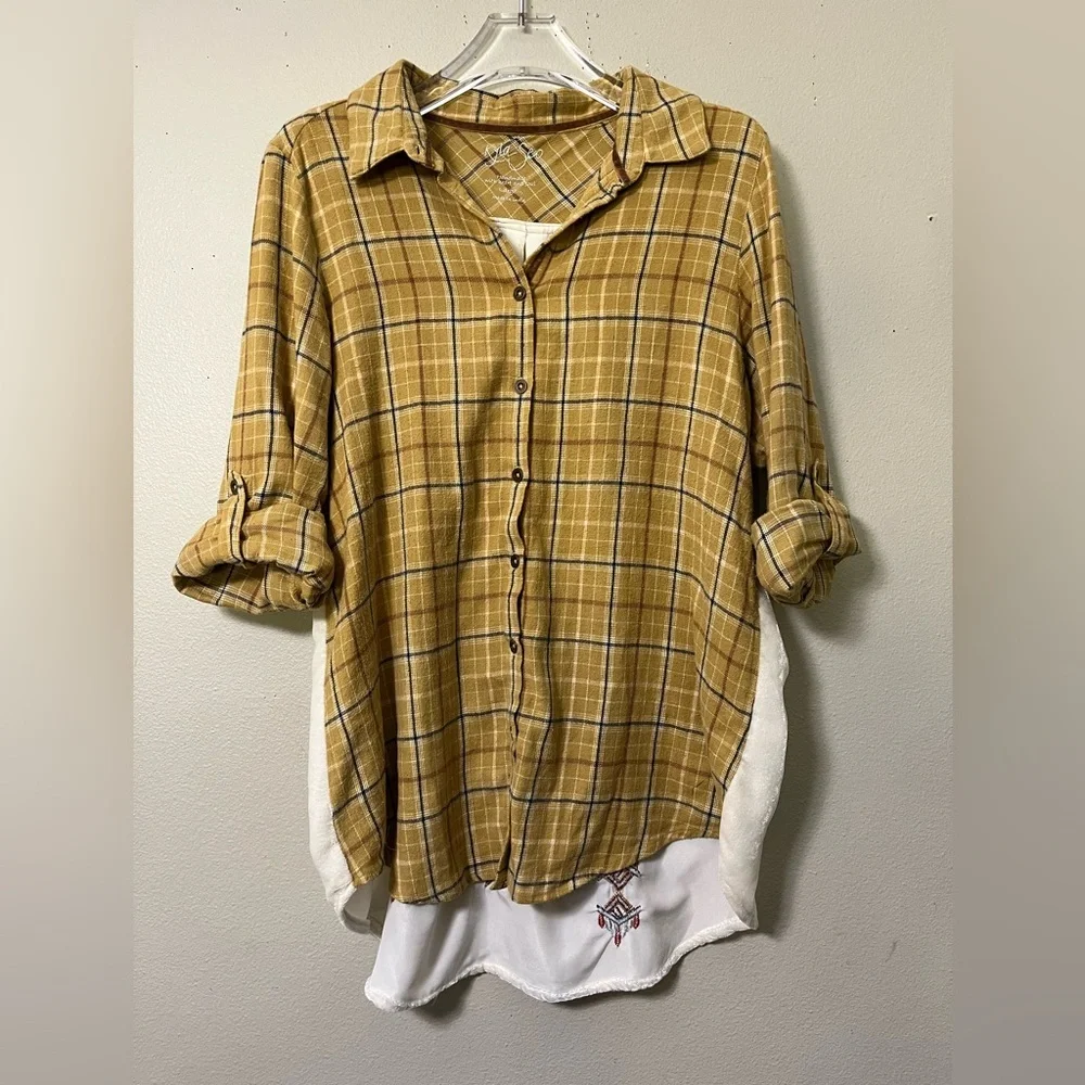 Kyla Seo Embroidered Velvet Back Gold Plaid L Boho Western Prairie Cottagecore - Picture 2 of 9